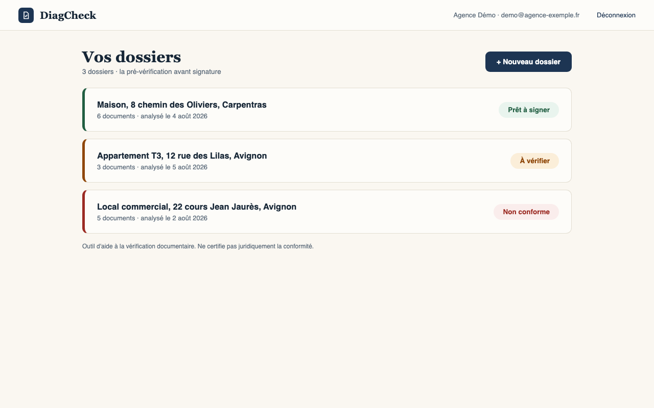 Le tableau de bord DiagCheck avec trois dossiers et leurs verdicts